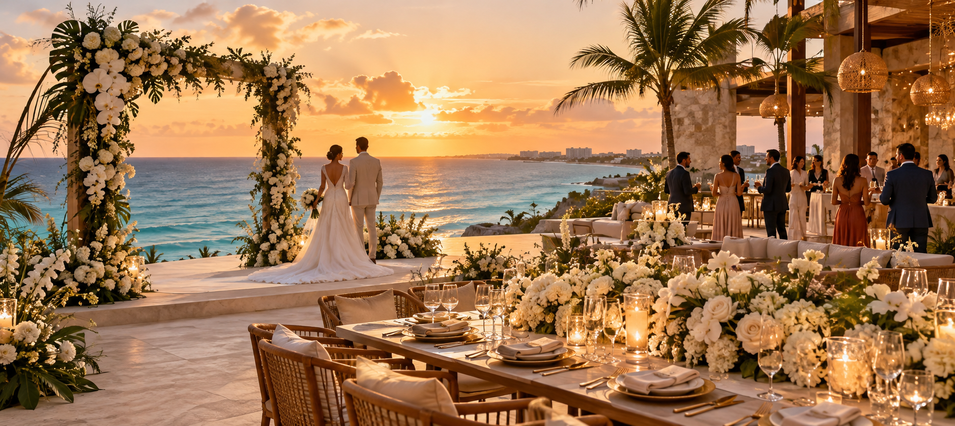 Boda costera al atardecer