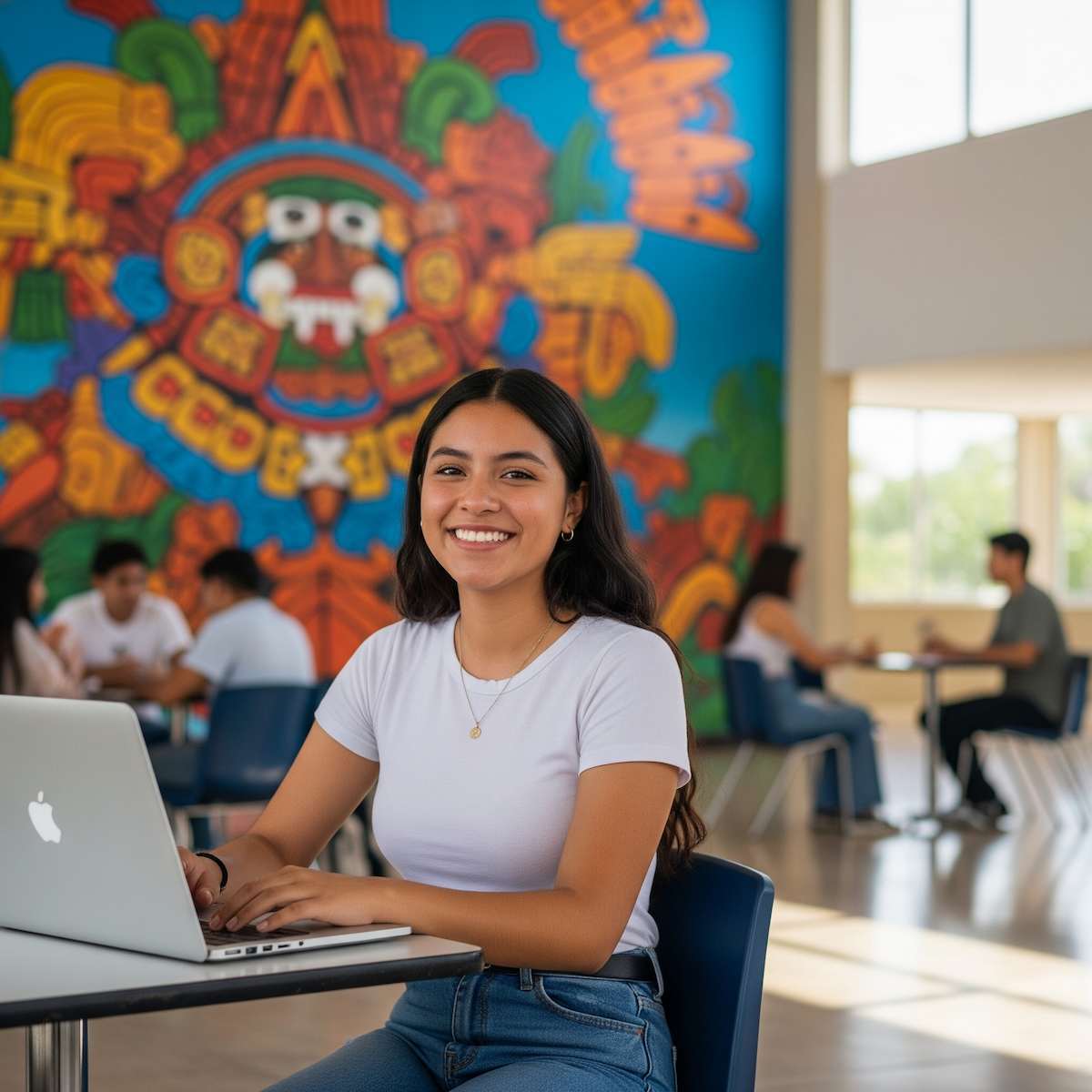 Joven con camiseta blanca y laptop abierta, sonriendo frente a un colorido mural de inspiración prehispánica en una sala común, mientras otros estudiantes conversan al fondo.