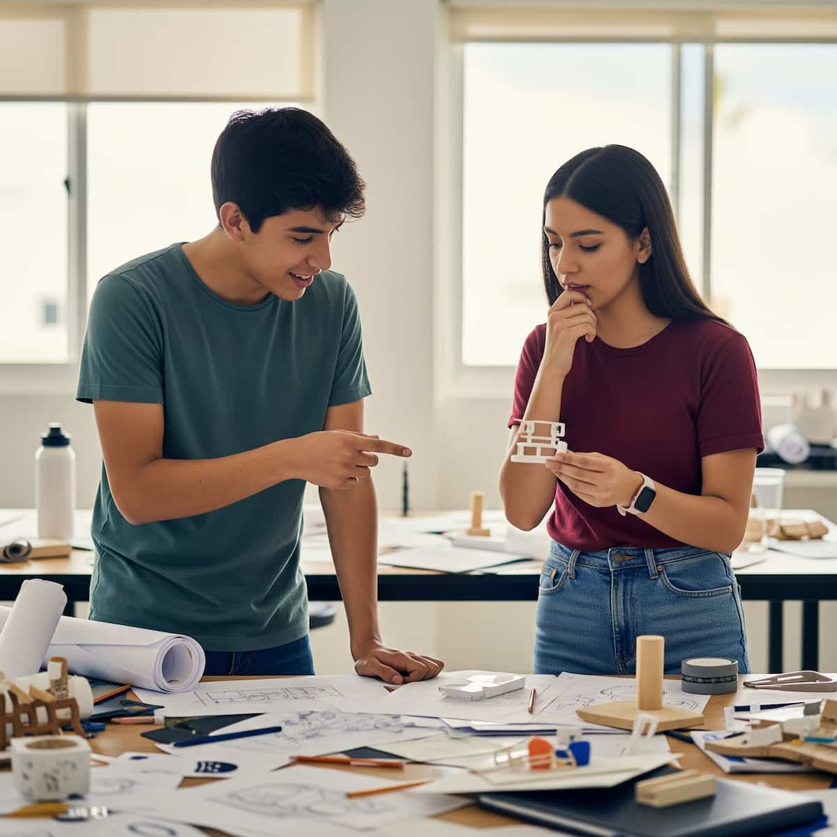 Estudiante señalando una maqueta arquitectónica en manos de su compañera, ambos concentrados en una mesa llena de planos, lápices y materiales de diseño en un aula luminosa.