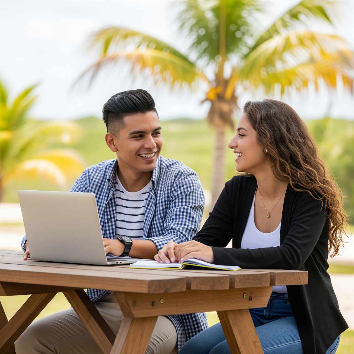 Pareja de estudiantes conversando y sonriendo mientras trabajan con una laptop y un cuaderno sobre una mesa de madera al aire libre, rodeados de palmeras y paisaje tropical.