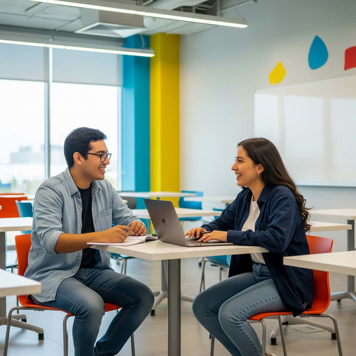 Dos estudiantes conversando y sonriendo mientras trabajan con una laptop en una aula colorida y bien iluminada, sentados en mesas individuales con fondo blanco y detalles decorativos.