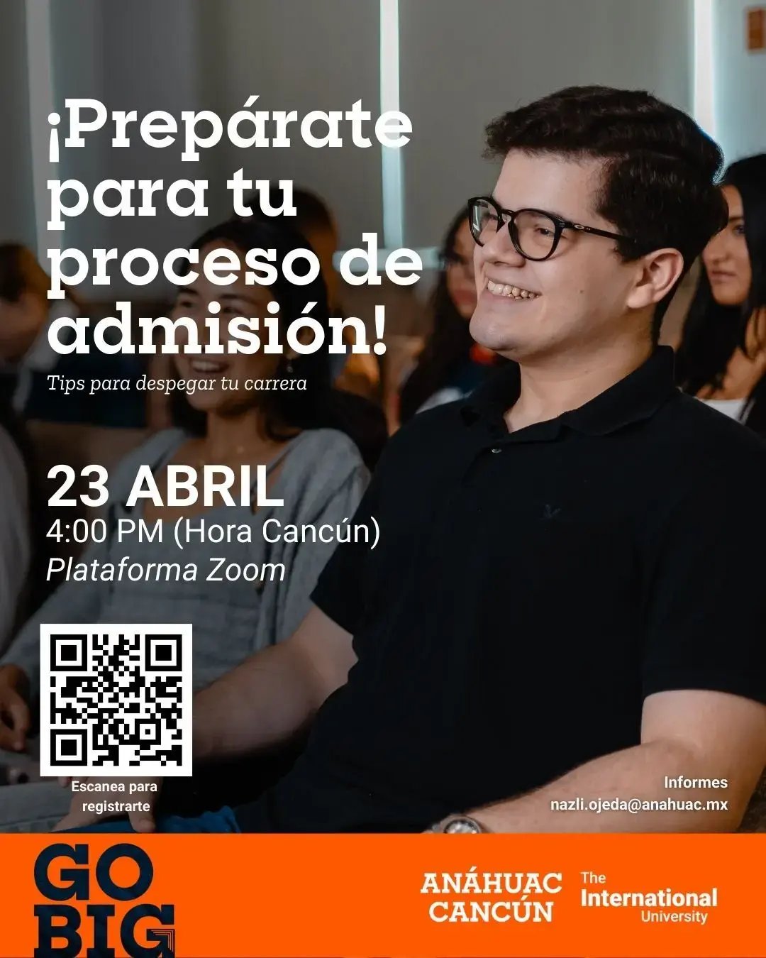 Flyer evento sesión de proceso de admisión.