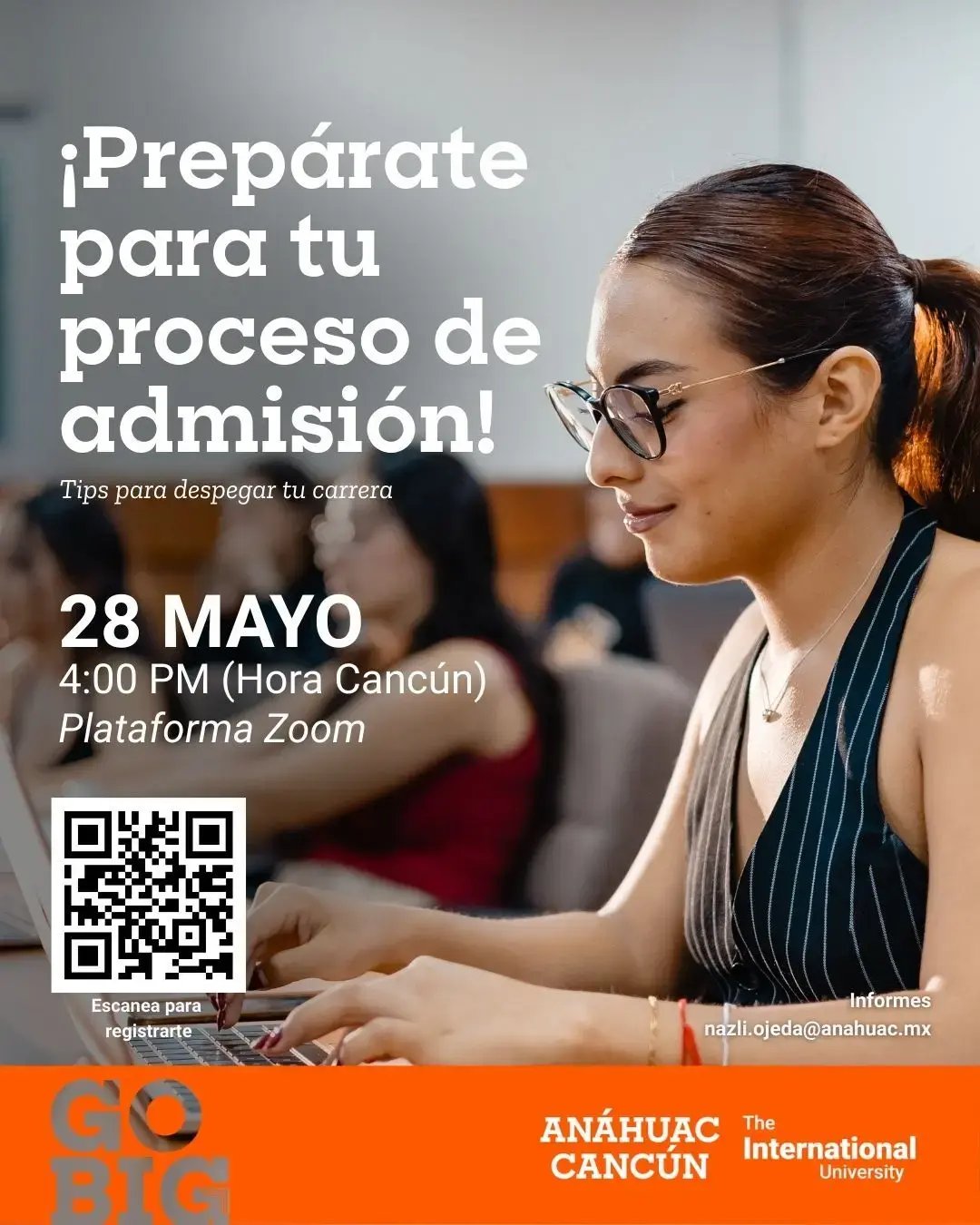 Flyer evento sesión de proceso de admisión.