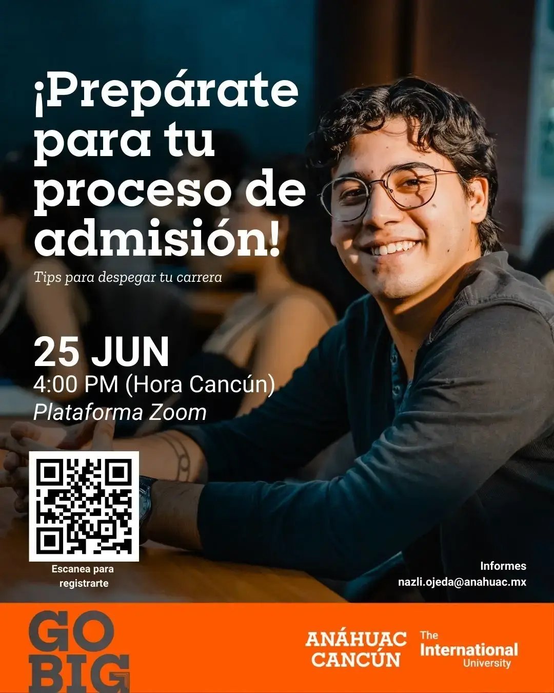 Flyer evento sesión de proceso de admisión.