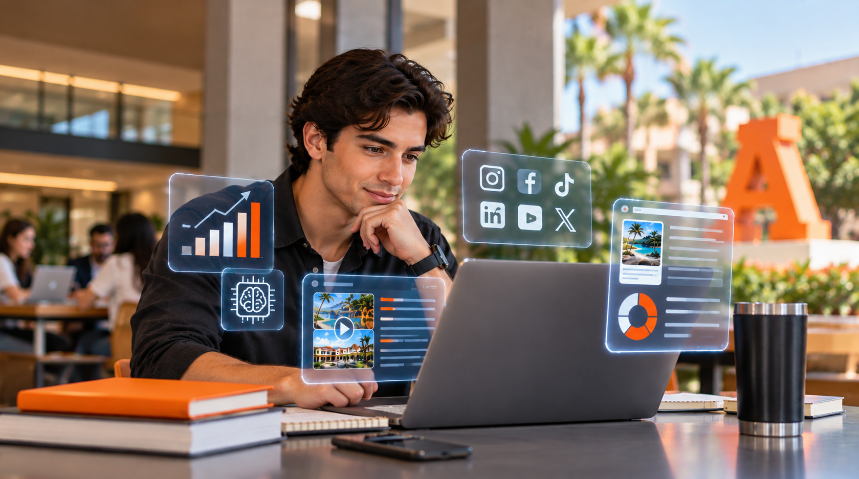 Estudiante entre hologramas digitales