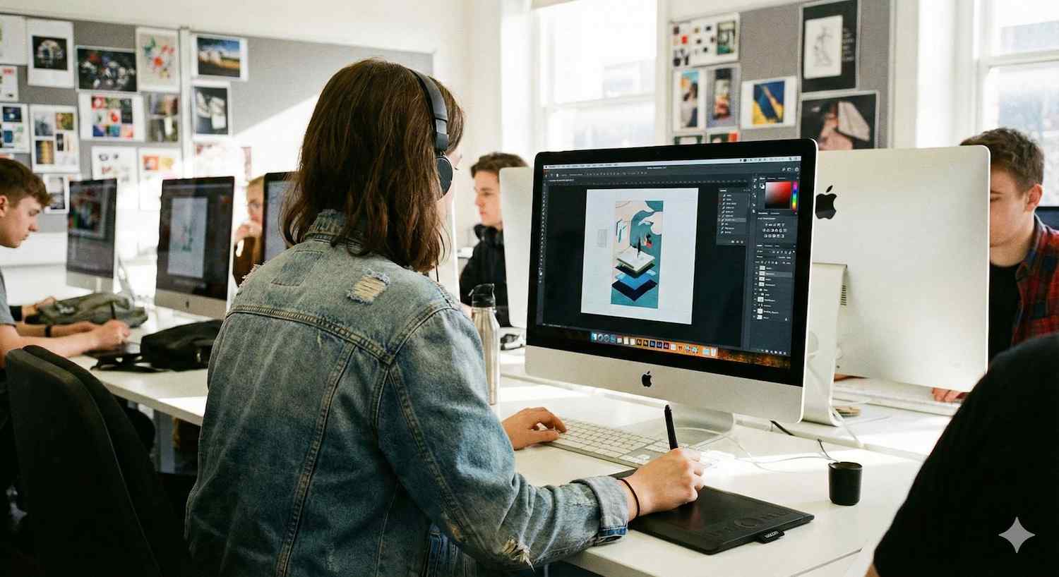 Vista trasera de una estudiante de Diseño Multimedia trabajando en una ilustración digital en una computadora de escritorio, utilizando una tableta gráfica y un lápiz óptico en un entorno de estudio moderno Vista trasera de una estudiante de Diseño Multimedia trabajando en una ilustración digital en una computadora de escritorio, utilizando una tableta gráfica y un lápiz óptico en un entorno de estudio moderno