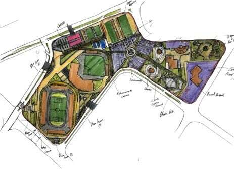 Plano de diseño urbano y arquitectónico dibujado a mano y coloreado. La vista superior muestra un gran complejo maestro que incluye un estadio con pista de atletismo, un campo de béisbol, canchas deportivas, áreas de estacionamiento, edificios y zonas verdes con anotaciones manuscritas.