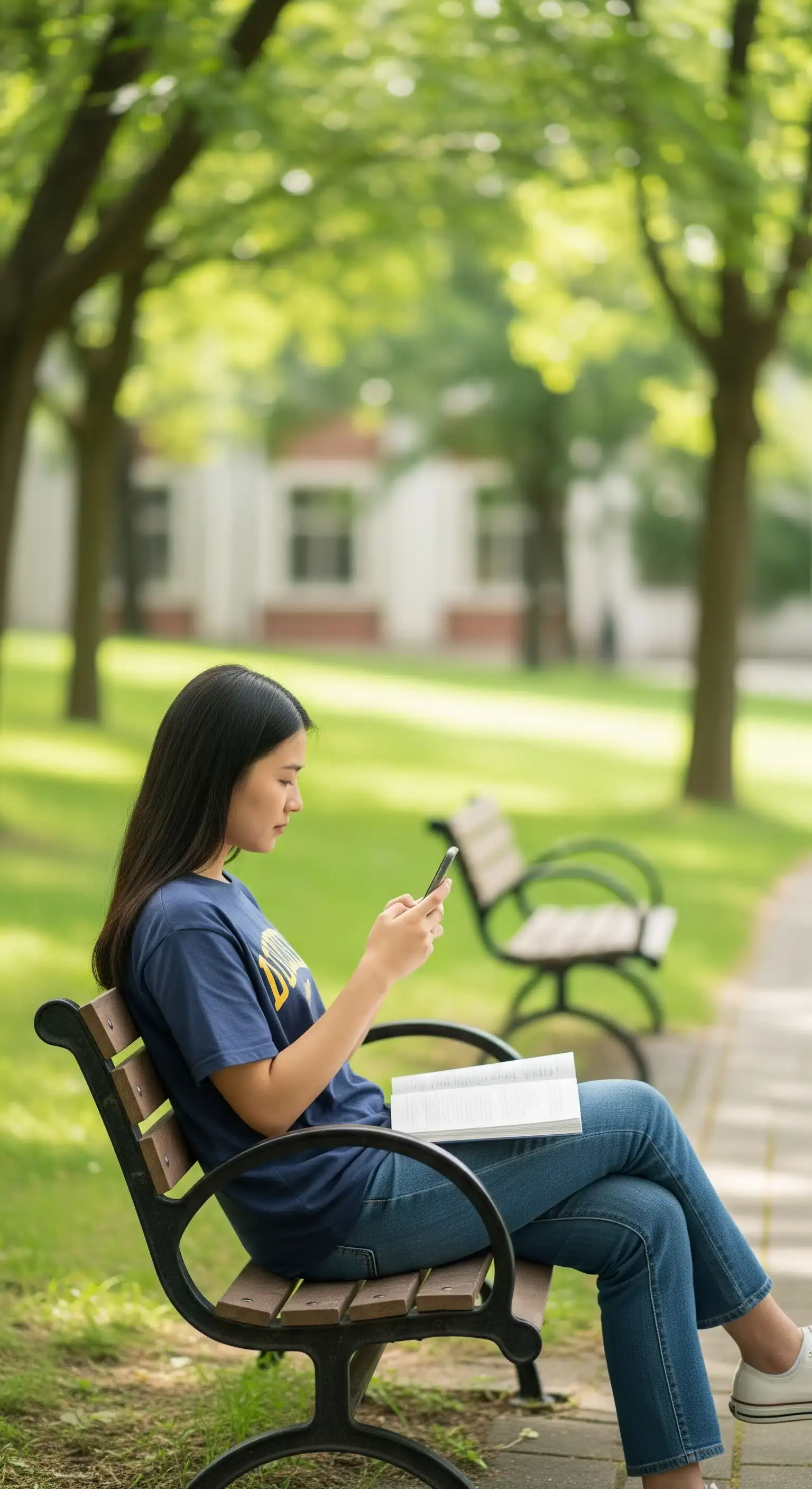 Joven sentada sola en una banca de parque dentro del campus, leyendo mensajes en su celular con un libro abierto sobre las piernas, rodeada de árboles verdes y senderos sombreados por la luz natural.