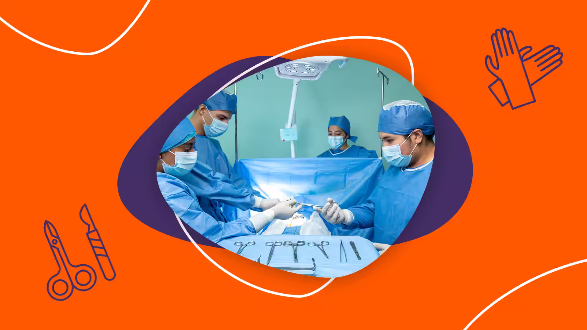 Un collage gráfico sobre fondo naranja con iconos de un bisturí, tijeras y guantes quirúrgicos. El centro muestra una fotografía de un equipo médico en scrubs realizando una cirugía en un quirófano.