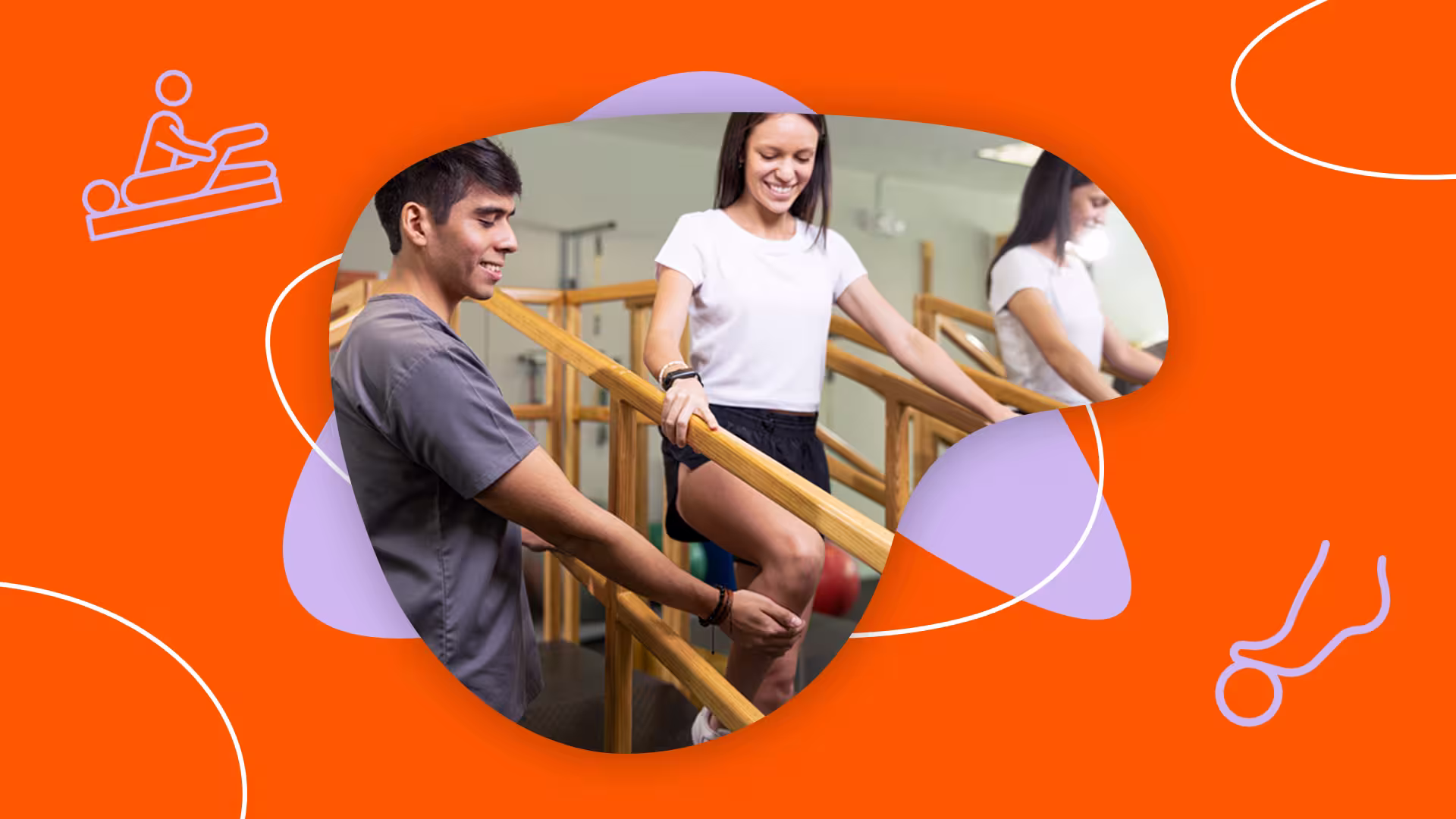 Estudiante de Terapia Física en uniforme clínico asistiendo a una paciente durante ejercicios de rehabilitación en escaleras, integrado en un diseño gráfico naranja con íconos alusivos a la carrera.